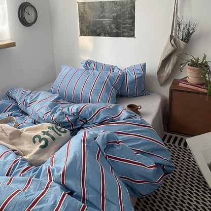 mixinni Vintage Striped Blue Duvet Cover King - 100% Cotton Red Stripes 3-Piece Bedding Duvet Cover Set with Zipper Closure, Soft & Breathable Retro Design for All Seasons (King Size)