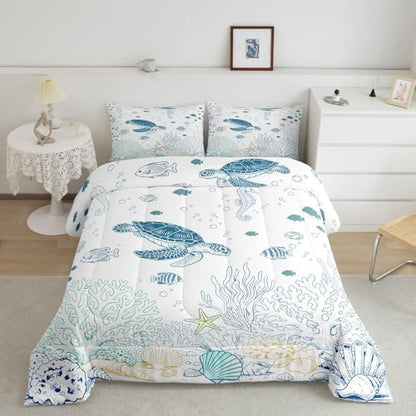 Castle Fairy Sea Turtle Comforter Set Full Size Ocean Coral Shell Starfish Bedding Set 3pcs,Sealife for Kids Boys Girls Room Decor,Blue Sketch Line Piece All Season with 2 Pillowcases