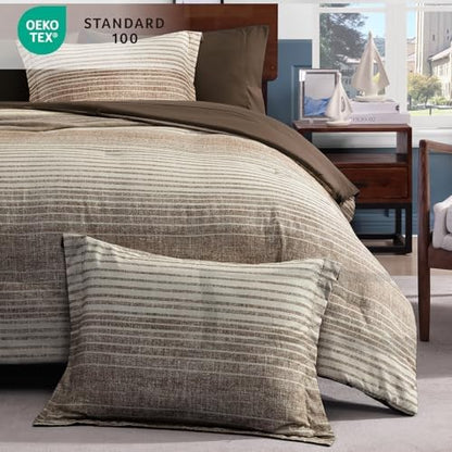Full Size Comforter Set Striped Chocolate Brown 7 Pieces Bed in a Bag