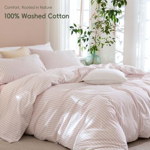 JIYUAN Super King Plus Washed Cotton Duvet Cover Set Linen-Like Stripe