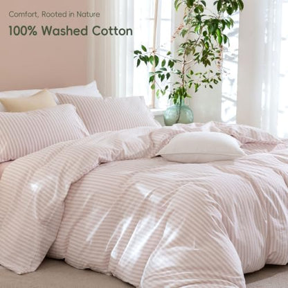 JIYUAN King Washed Cotton Duvet Cover Set, 3-Piece, Linen-Like Stripe