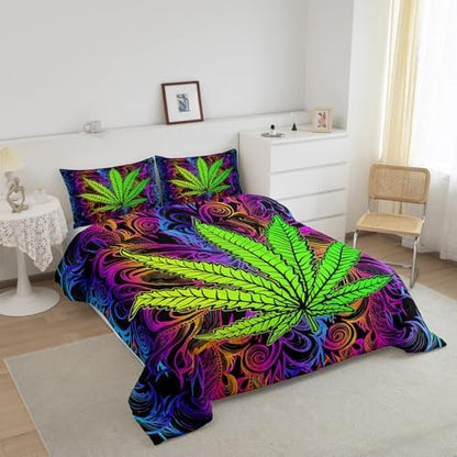 Erosebridal Boho Leaves Down Comforter, Teens Bohemia Leaf Comforter Set Full Size, Botanical Bedding Set for Kids Girls Women, Bohemian Quilted Duvet for Bedroom, Purple Green