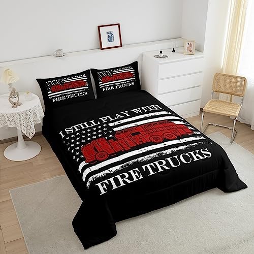 Castle Fairy Teens Fire Truck Comforter Set Full Size,American Flag Bedding Set for Kids Boys Adult Bedroom Decoration,Red Black White Bed Duvet Insert,Retro Style Comforter with 2 Pillowcase