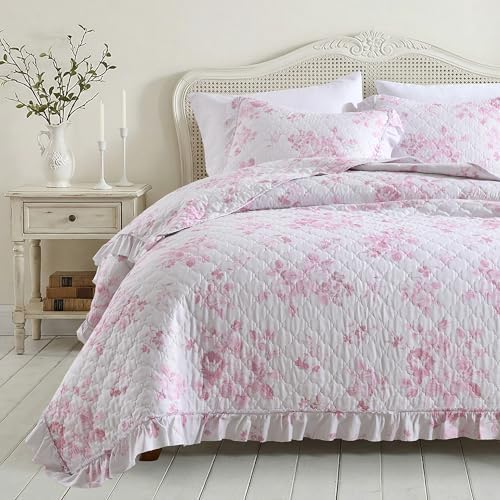 HORIMOTE HOME Pink Ruffled Quilt King Size with 2 Pillow Shams, Shabby Chic Floral Printed Reversible Bedspread Coverlet, Soft Lightweight Comforter Bed Cover for All Season, 3 Pieces, 106x96 inches