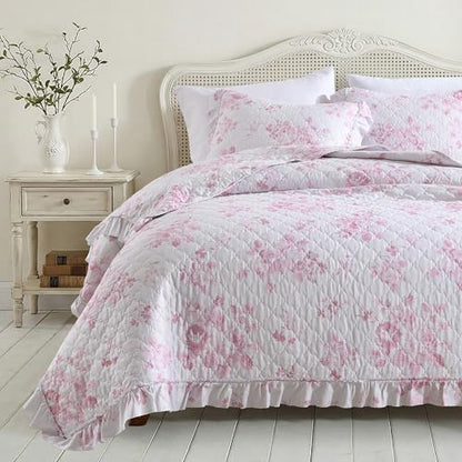 HORIMOTE HOME Pink Ruffled Quilt King Size with 2 Pillow Shams, Shabby Chic Floral Printed Reversible Bedspread Coverlet, Soft Lightweight Comforter Bed Cover for All Season, 3 Pieces, 106x96 inches