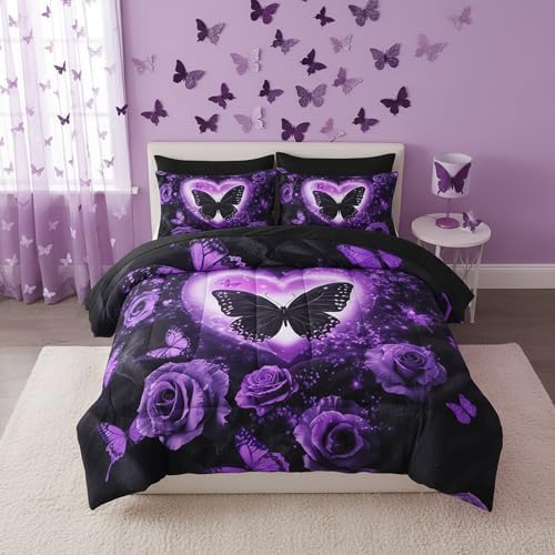 QOOMO Purple Butterfly 7 Pieces Comforter Set Queen Size,Rose Bedding Set