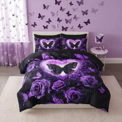 QOOMO Purple Butterfly 7 Pieces Comforter Set Queen Size,Rose Bedding Set