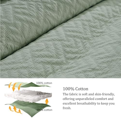 palassio Sage Green 100% Cotton Quilt Twin Size Bedding Sets with 1 Pillow Sham, Lightweight Textured Farmhouse Country Bedspread Soft Shabby Chic Patterned Coverlet for All Season, 2 Pieces