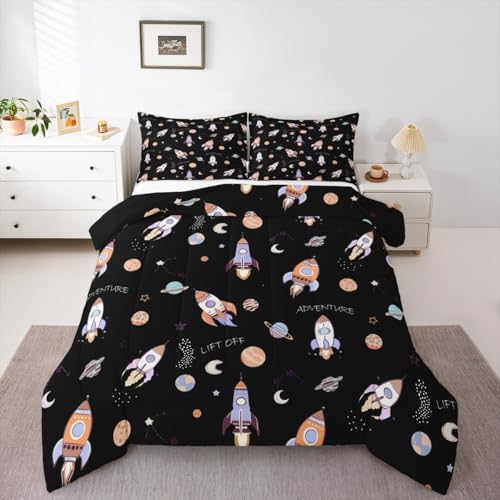 Erosebridal Kids Cartoon Rocket Queen Comforter Set for Kids Teens Adults,Planets Galaxy Bedding Set,Hand-Drawn Spaceship Duvet Insert,Starry Outer Space Bed Set for All Season