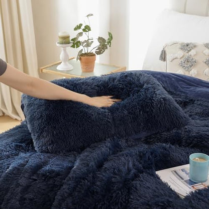 Smoofy Fluffy King Size Comforter Set Navy Blue Faux Fur Comforter Set 3Pcs