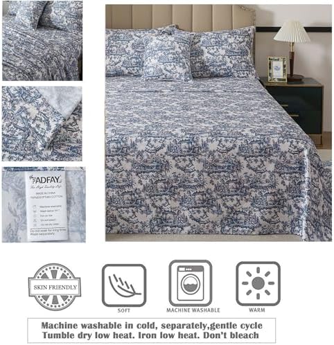 FADFAY Blue Toile Sheets Set Full French Country Vintage Farmhouse Bedding Exotic Scenic Chinoiserie Floral Bedding 100% Egyptian Cotton Soft Breathable Sheet Set with Deep Pocket Fitted Sheet 4Pcs