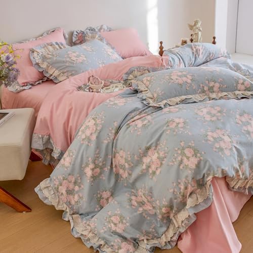 Vintage Blue Floral Duvet Cover Set Queen, 100% Cotton Pink Flower Botanical Bedding Set with Ruffle Lace, Cottagecore Style Princess Lace Duvet Cover, Aesthetic Flower Ruffle Comforter Cover Queen