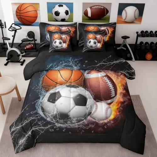 Sports Comforter Set 7 Pieces Queen Size Boys Bedding Set - Kids Basketball Football Baseball Soccer Bed In A Bag With Sheets, Pillow Covers, Pillowcases, Ice And Fire Flame Sports Game Comforter