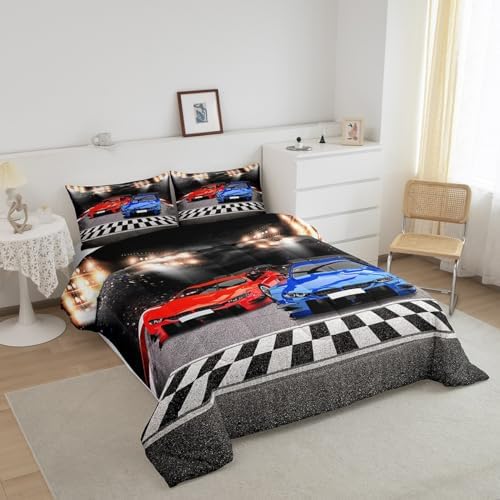 Feelyou Sports Comforter Toddler Size Decor Red Blue Race Car Comforter Set for Kids Boys Racing Car Bedding Set Extreme Sports Competitive Quilt Set Room Decorations