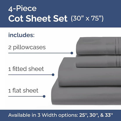 Cot Sheet Set 30” x 75” – 4 Piece Cot Size Narrow Twin Mattress Sheets – Ideal for Camper Bunk, RVs, Bunks, Day Care & Camping - Fits 6” to 10” Mattress, Ultra-Soft, Breathable & Cooling - Dark Grey