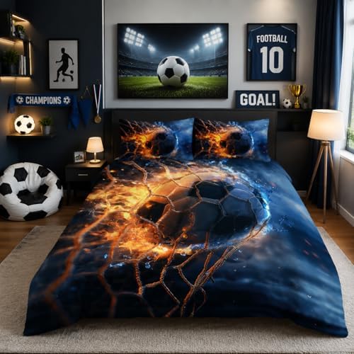 Nttopship Sports Soccer Comforter Set Full Size,Fireball Soccer Ball Bedding Sets 3PCS for Kids Teen Adult Sports Room Decor Ultra-Soft Lightweight Microfiber 1 Comforter with 2 Pillowcases