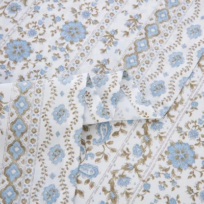 DAUAOTO Queen Size Printed Sheets Set, 100% Cotton Bedding Sets, Up to 14" Deep Mattress, Vintage Cottagecore Pattern Bedlinen Set, Flower Blue