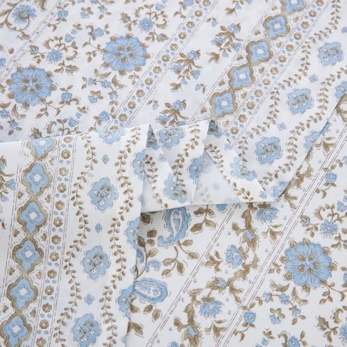 DAUAOTO California King Cotton Sheets Set Printed Bedding Sets, Vintage Cottagecore Pattern Bedlinen for Cal King Mattress Up to 14" Deep, Flower Blue