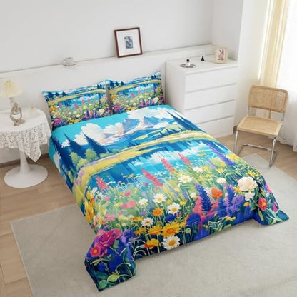 Spring Garden Comforter Set Twin Size,Blossom Flower Lake Mountain Bedding Set for Kids Girls Women Room Decor,Nature Scenery Quilt Set 2Pcs,Floral Botanical Microfiber Duvet Insert,1 Pillowcase