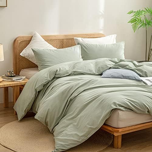 BESTOUCH Cotton Solid Duvet Cover Set Linen Feel Sage Green King
