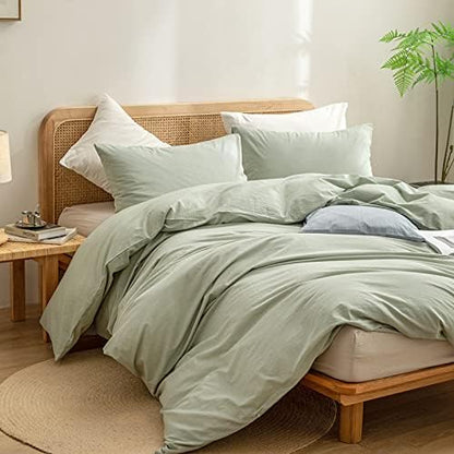 BESTOUCH Cotton Solid Duvet Cover Set Linen Feel Sage Green Full