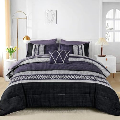 Dintszyayue Purple Cal King Comforter Size Set, 8 Pieces Boho Striped Texture Bed in a Bag Sets, Lightweight Soft Bohemian Comforter and Sheet Set, All Season Microfiber Bedding Sets for Men Women