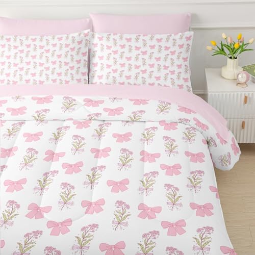 QOOMO Bow 7 Pieces Comforter Set Twin Size,Floral Bowknot Bedding Set