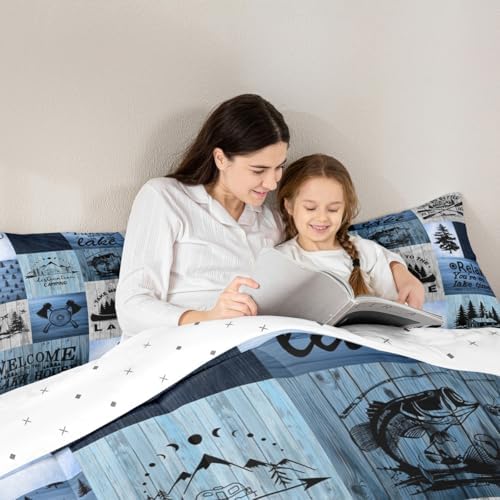 Lake House Comforter Set King Size,Camping Fishing Quilt Set Bear Anchor Pine Print Grid Bedding Set Kids Boys Girls Adult Rustic Cabin Decor Blue Patchwork Plaid Duvet Insert,2 Pillowcases