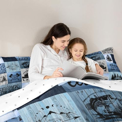 Lake House Comforter Set King Size,Camping Fishing Quilt Set Bear Anchor Pine Print Grid Bedding Set Kids Boys Girls Adult Rustic Cabin Decor Blue Patchwork Plaid Duvet Insert,2 Pillowcases