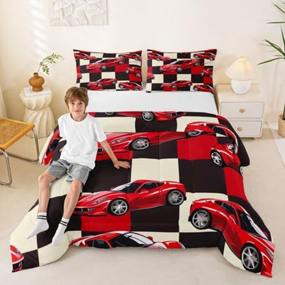 Erosebridal Red Racing Car Bedding Set Twin for Boys, Cool Speed Race Car Comforter Set for Kids Youth Men Teens Room Decor, Extreme Sport Quilt, Grid Buffalo Comforter, 2 Piece