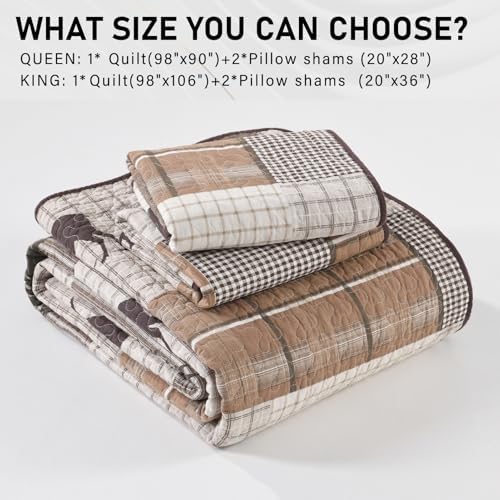 PERHOM Quilt King Size, 100% Cotton King Size Quilt, Lodge Cabin Farmhouse King Quilt, Brown Beige Green Plaid Lightweight Soft Quilted Bedspread Sets for All Season, 3 Pieces