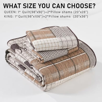 PERHOM Quilt King Size, 100% Cotton King Size Quilt, Lodge Cabin Farmhouse King Quilt, Brown Beige Green Plaid Lightweight Soft Quilted Bedspread Sets for All Season, 3 Pieces
