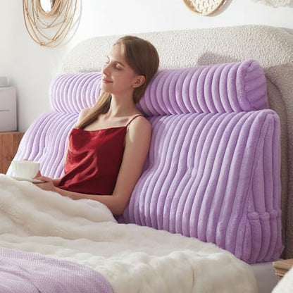 Headboard Pillow + A Long Neck Roll Pillow Body Pillow，Faux Fur Headboard Wedge Pillow with Removable Cover (Purple, Queen：59x8x20 inches)