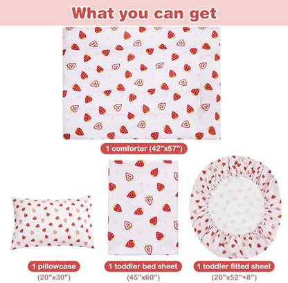 lasoftan Toddler Bedding Set, 4 Piece Bed-in-a-Bag Toddler Bed Comforter Sets for Girls, Toddler Bed Set, Prink Strawberry Printed, Machine Washable