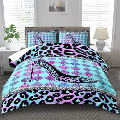 Rainbow Cheetah Print Comforter Set Twin Girls Sexy High Heels Leopard Print Bedding Set Women High Heels Leopard Comforter Quilt Bedroom Decor Animal Cheetah Bedding Bed Decor
