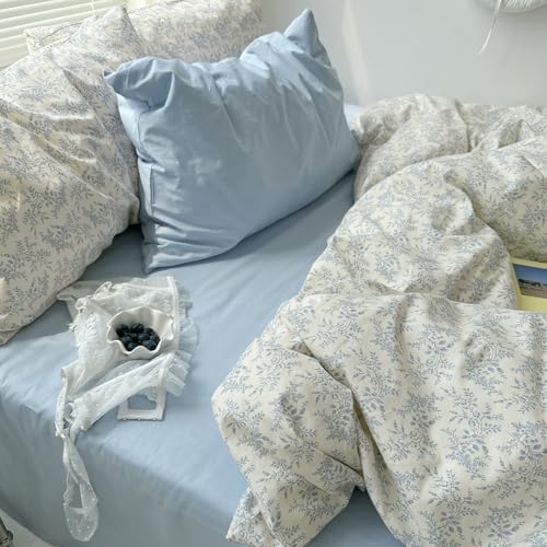 mixinni Blue Floral Duvet Cover Twin Size - 100% Cotton Soft Boho Comforter Cover with Zipper Closure 4 Ties, 3-Piece Vintage Aesthetic Botanical Bedding Set with 2 Pillowcases, All Season Bed Set