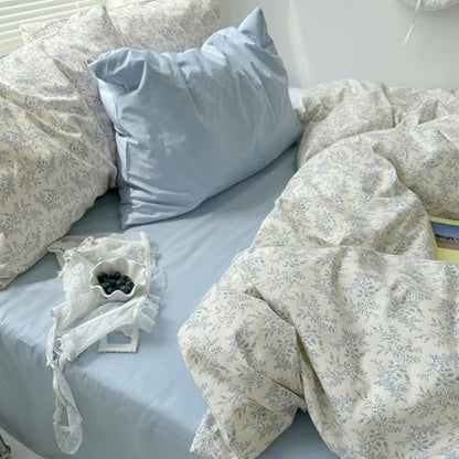 mixinni Blue Floral Duvet Cover Twin Size - 100% Cotton Soft Boho Comforter Cover with Zipper Closure 4 Ties, 3-Piece Vintage Aesthetic Botanical Bedding Set with 2 Pillowcases, All Season Bed Set