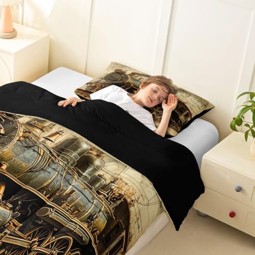 Erosebridal Vintage Steam Train Toddler Bedding Set Retro Train Comforter Set for Kids Boys Girls Transportation Vehicle Down Comforter Steampunk Industrial Aesthetic Quilt Duvet