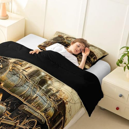 Erosebridal Vintage Steam Train Toddler Bedding Set Retro Train Comforter Set for Kids Boys Girls Transportation Vehicle Down Comforter Steampunk Industrial Aesthetic Quilt Duvet