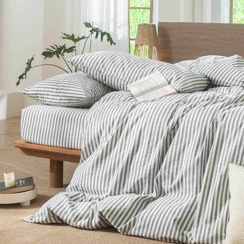 MooMee Striped Duvet Cover Set 100% Washed Cotton Linen Like Queen