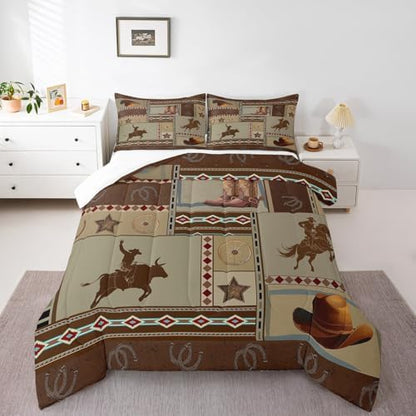 Manfei Western Comforter Set King Size, Cowboy Bedding Set 3pcs for Kids Boys Teens Bedroom Decor, West Horseshoe Boots Hats Wheels Quilt Set Rustic Farmhouse Duvet Set with 2 Pillowcases