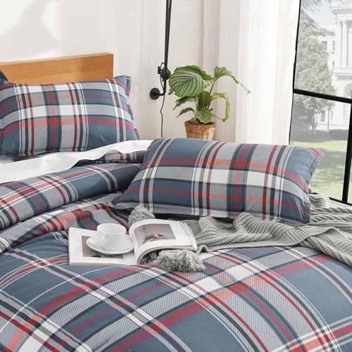Andency Navy Plaid Comforter Set Full, Gingham Checkered Grid Bedding Set