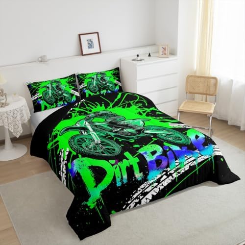 Feelyou Racing Motocross Rider Kids Bedding Set,Boys Girls Toddler Size,Dirt Bike Comforter Set,Extreme Sports Ultra Soft Duvet Quilt,Graffiti Print Comforter Racing Themed Bedroom Decor