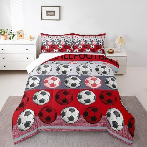 Homewish Soccer Pattern King Size Comforter Set,Kids Red Gray Stripe Decor All Season Bedding Set,Teens Soccer Sports Comforter,Sport Gaming Decor Quilt Set Bedroom Collection 3Pcs