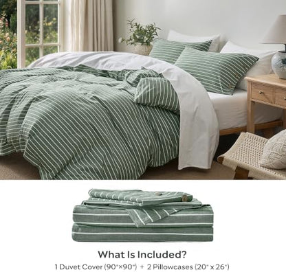 JELLYMONI 100% Washed Cotton Forest Green Striped Duvet Cover Set Queen