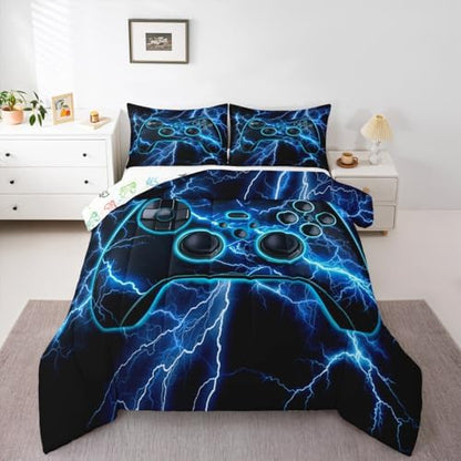 Erosebridal Gaming Queen Comforter Set Gamer Bedding Set, Video Game Consoles Down Comforter Blue Lightning Quilt,Gamer Room Decor for Boys