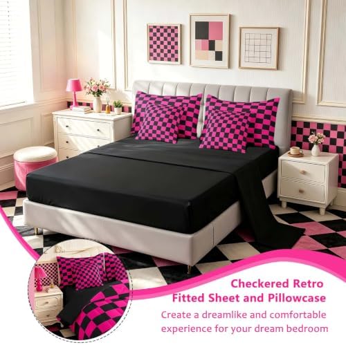 Feelyou Checkered 7 Piece Bedding Set Teen Dark Red Black Plaid Comforter Set with Sheets Full Size Kids Boys Cute Retro Neutral Checkerboard Geometric Bed in a Bag Vintage Aesthetic Room Decor