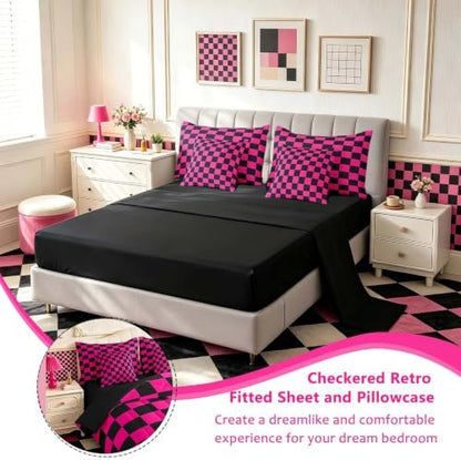 Feelyou Checkered 7 Piece Bedding Set Teen Dark Red Black Plaid Comforter Set with Sheets Full Size Kids Boys Cute Retro Neutral Checkerboard Geometric Bed in a Bag Vintage Aesthetic Room Decor