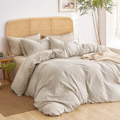 Wake In Cloud Striped Cotton Duvet Cover Set, Tan, Queen