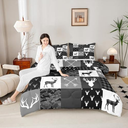 Deer Antler Silhouette Kids Comforter Set Full Size,Geometric Plaids Arrows Boho Bedding Set,Wild Animals Hunting Rustic Adventure Comforter,Camo Black Grey Quilt Set for Boys Girls Room Decor